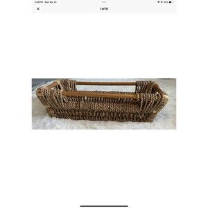 Seagrass Handwoven Large Rope Weave Basket Wooden Handle Vintage 22” x 11” x7”
